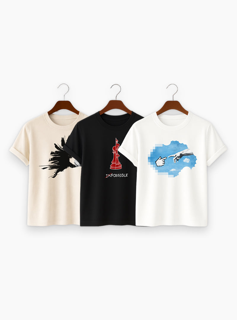 [Top Selling] 3 Combo Printed T-Shirt - White, Black, Beige