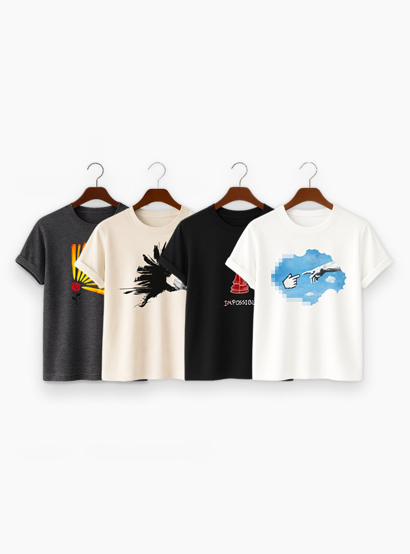 4 Combo Printed T-Shirt - Gray, White, Black, Beige