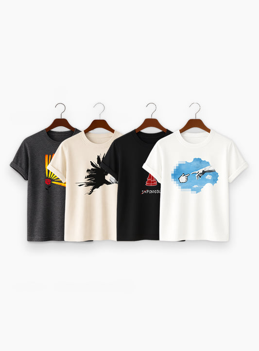 4 Combo Printed T-Shirt - Gray, White, Black, Beige