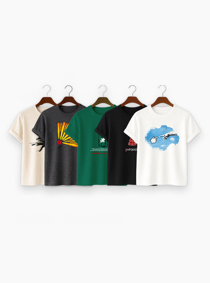 5 Combo Printed T-Shirt - Bottle Green, Gray, White, Black, Beige