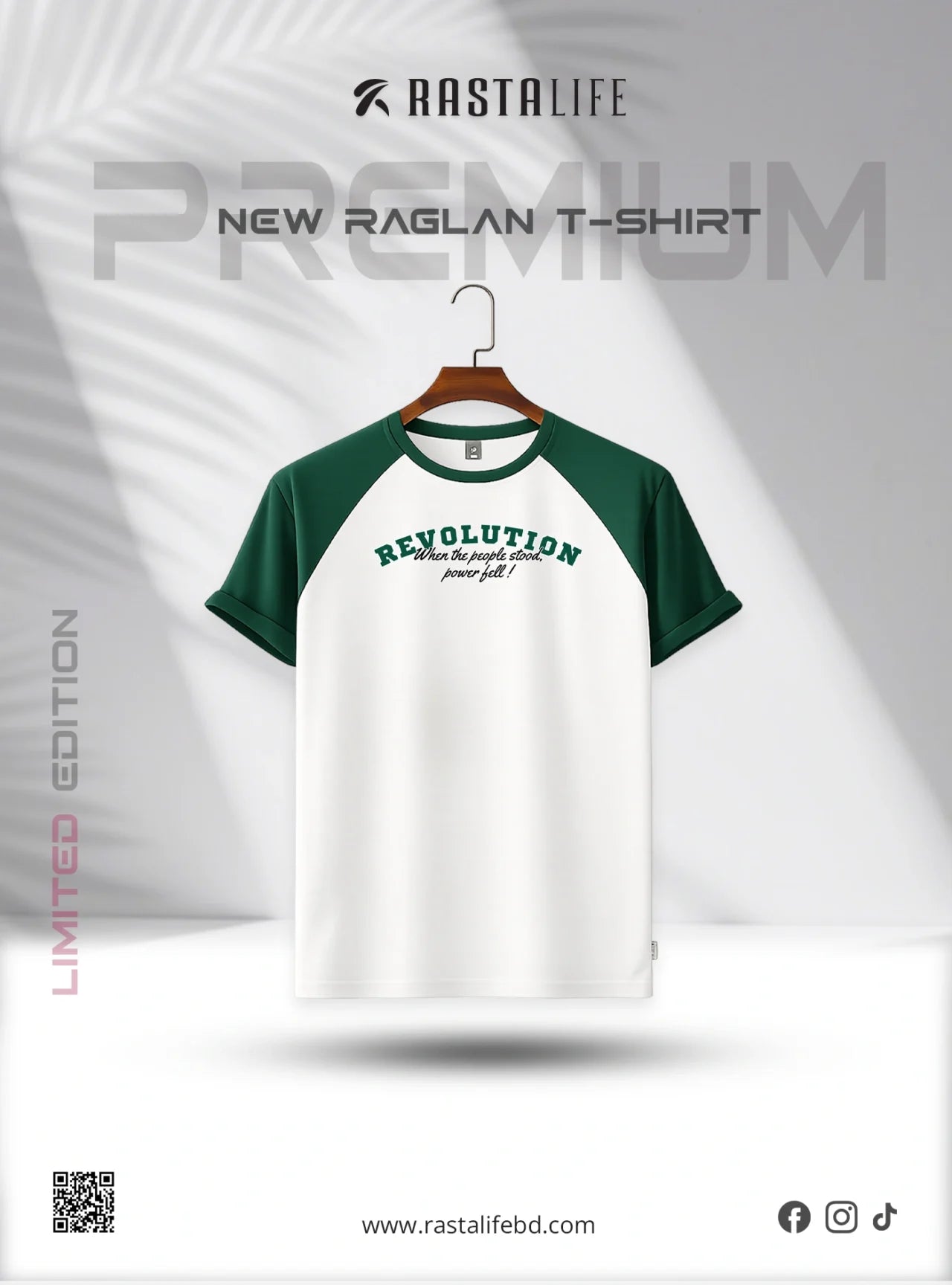 Premium Raglan T-Shirt – White & Bottle Green