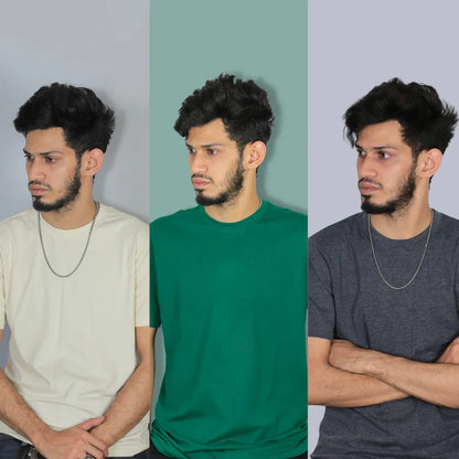 3 Combo Solid T-Shirt - Beige, Gray, Bottle Green